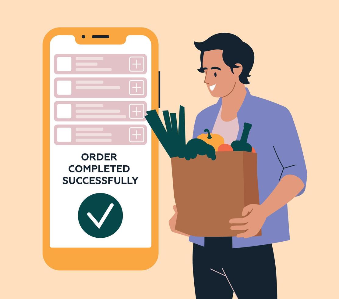 People and shopping. A man with a grocery bag. Mobile phone. Buying groceries online. Vector image.