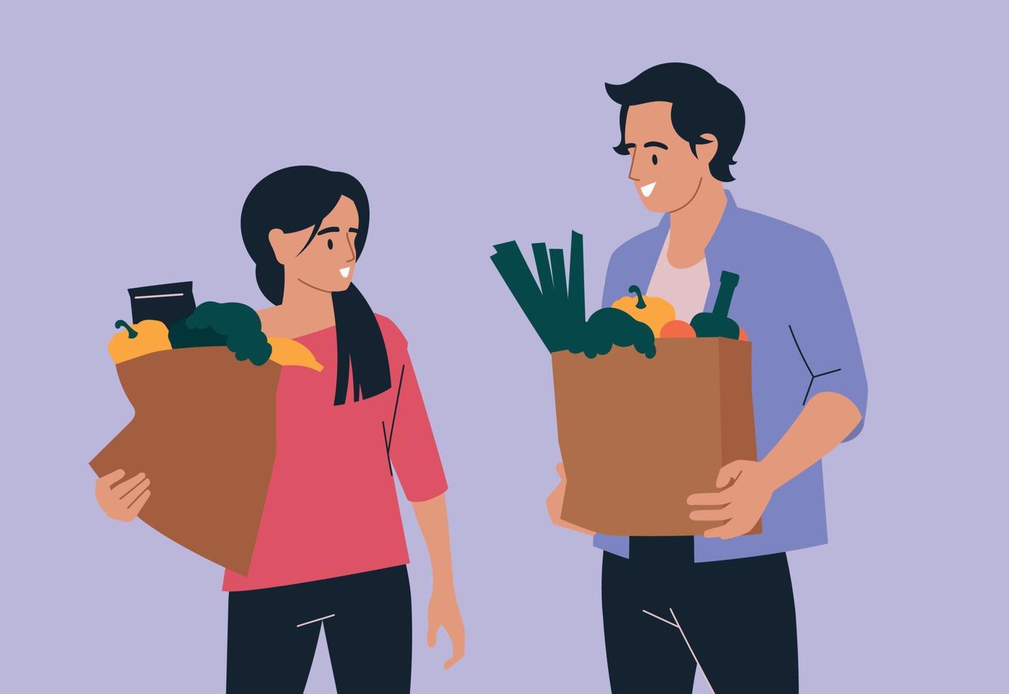 People and shopping. Woman and man with a package of groceries. Vector image.