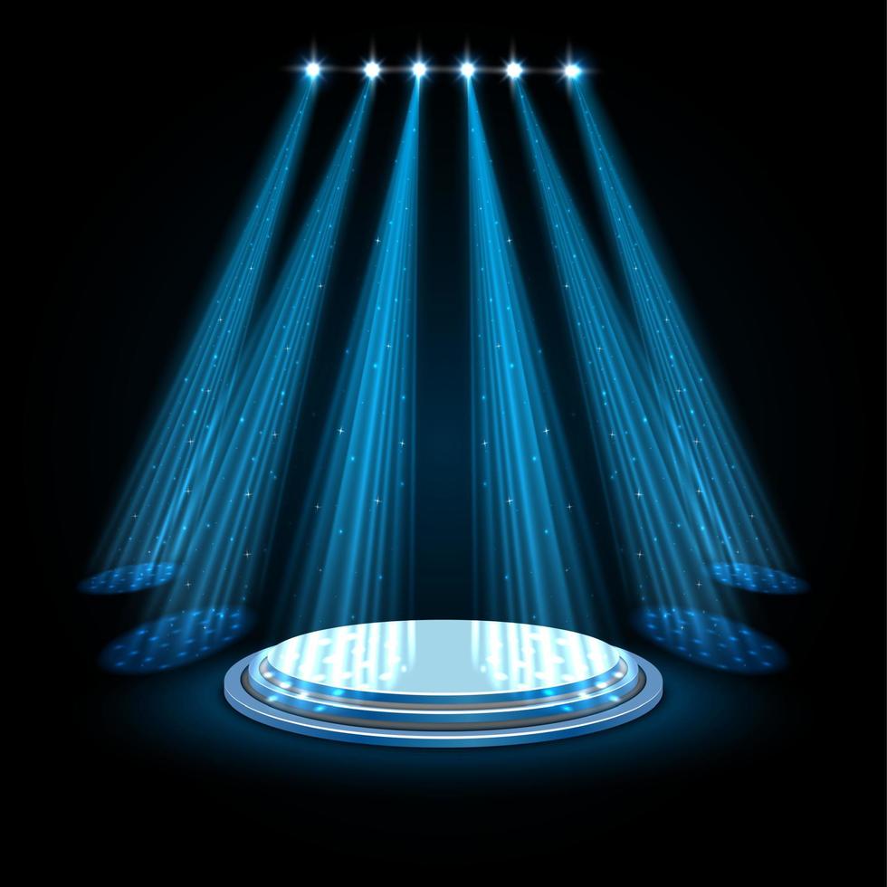 Blue spotlights with white podium on dark background vector