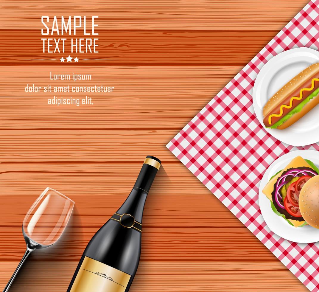 Fast food with bottle of wine and a glass on wooden table vector