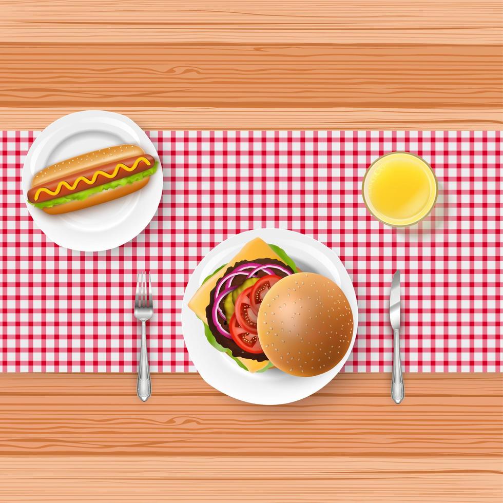 Fast food menu with fork and knife on wooden table vector