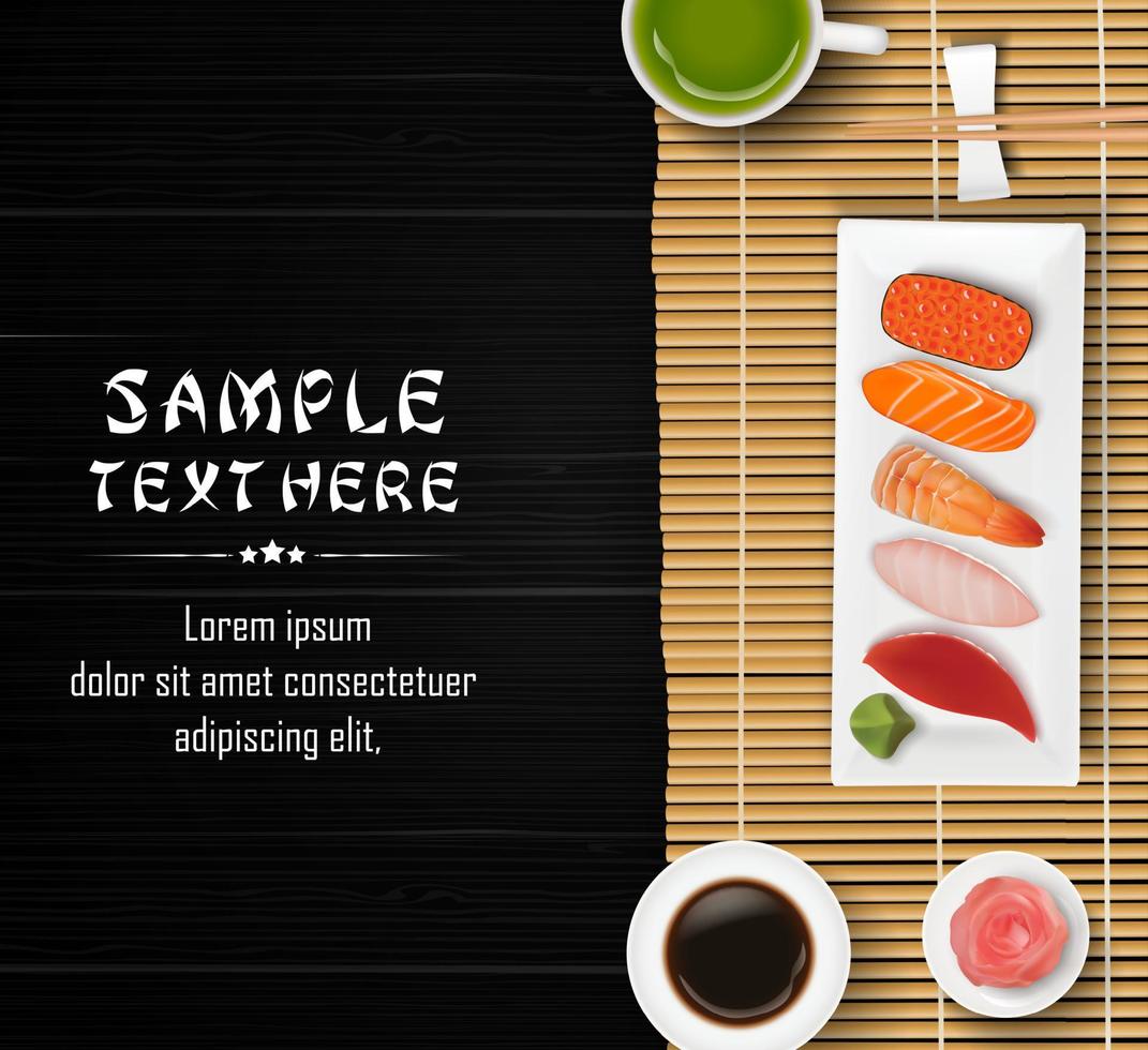 sushi, comida japonesa sobre fondo de mesa de madera oscura vector