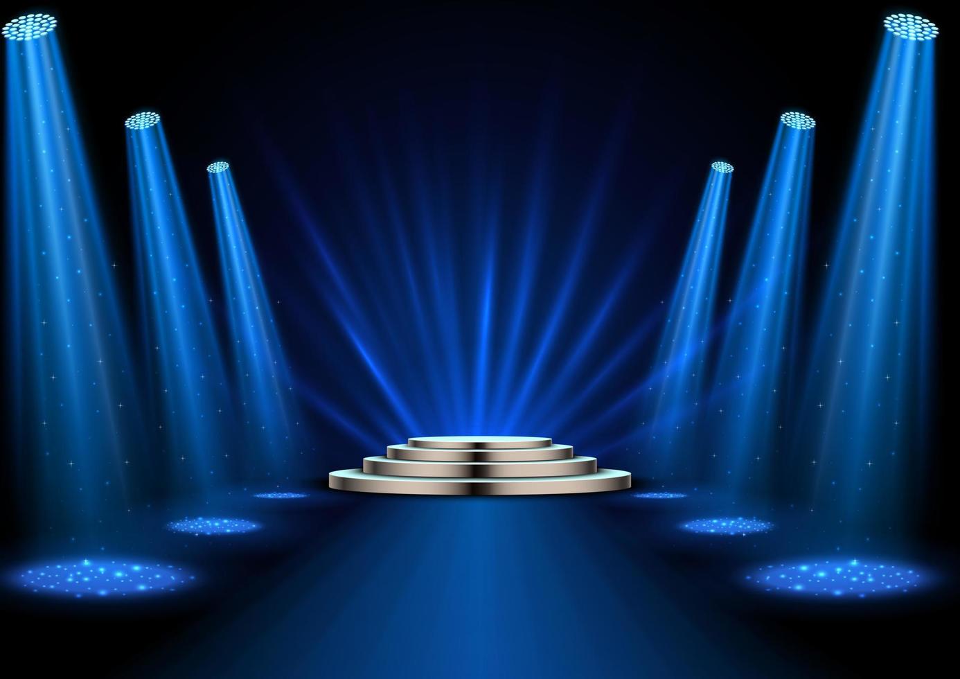 Blue spotlights with white podium on dark background vector