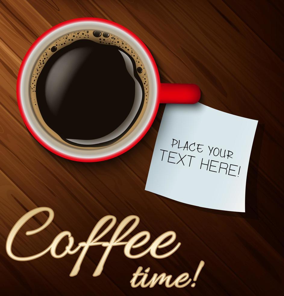 Coffee cup with wood texture and white paper for text vector