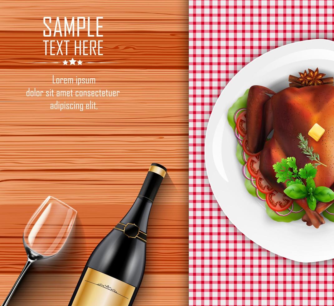 Roasted turkey bird on white plate with bottle of wine and a glass vector