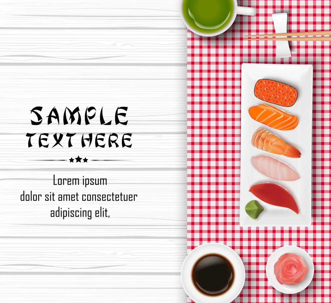 sushi, comida japonesa sobre fondo de mesa de madera vector