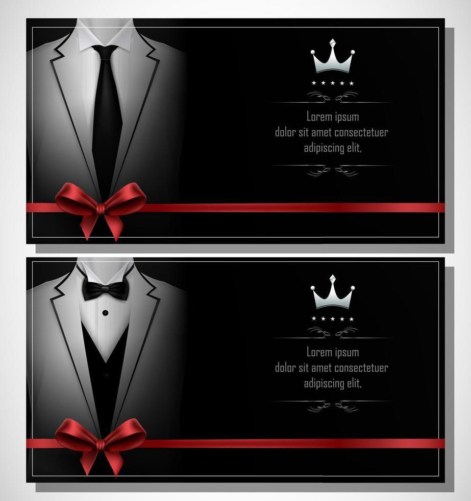 Set of white tuxedo business card templates with men's suits and black tie vector