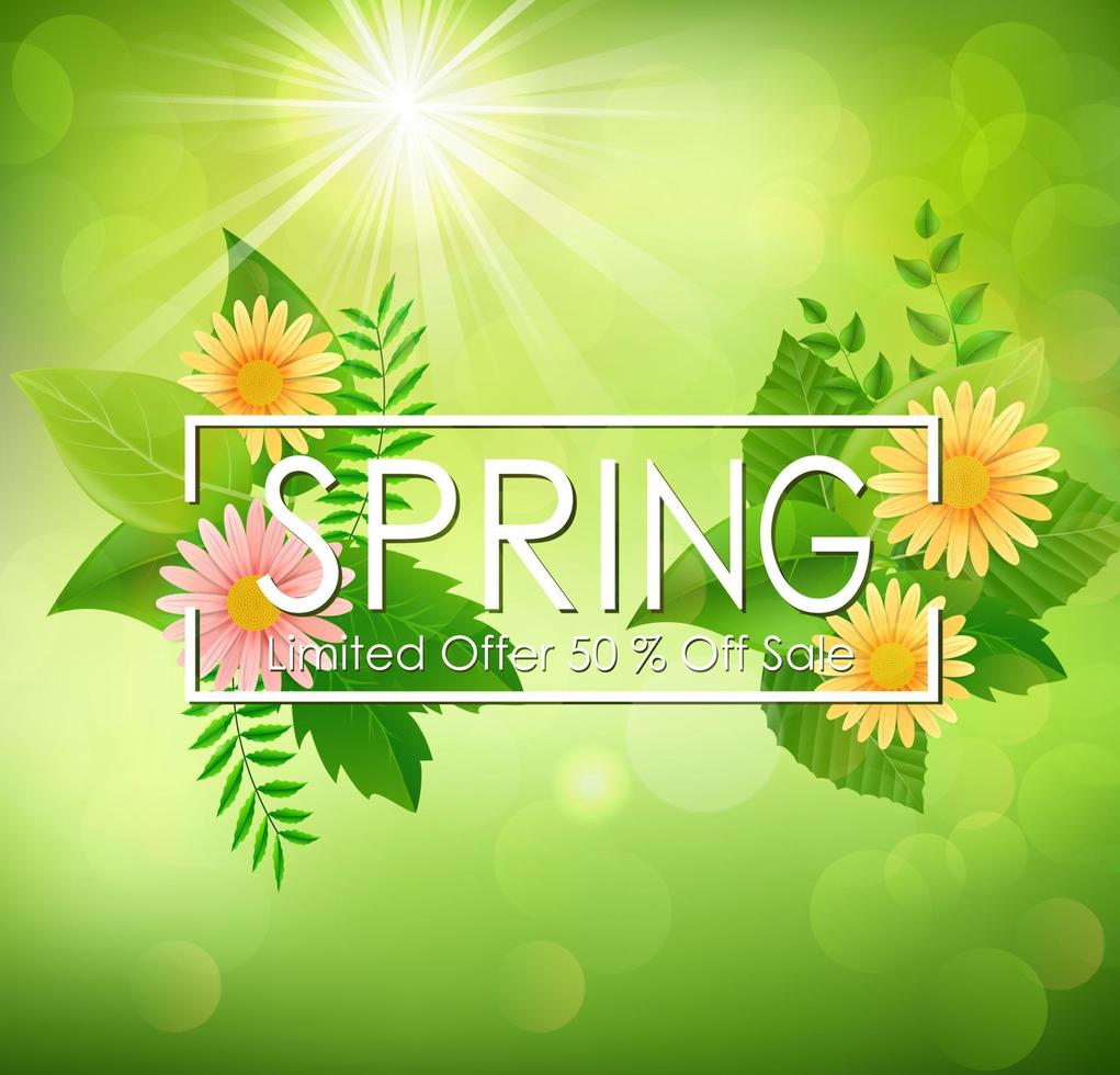 Spring sale background banner with beautiful colorful flower and green leaves vector