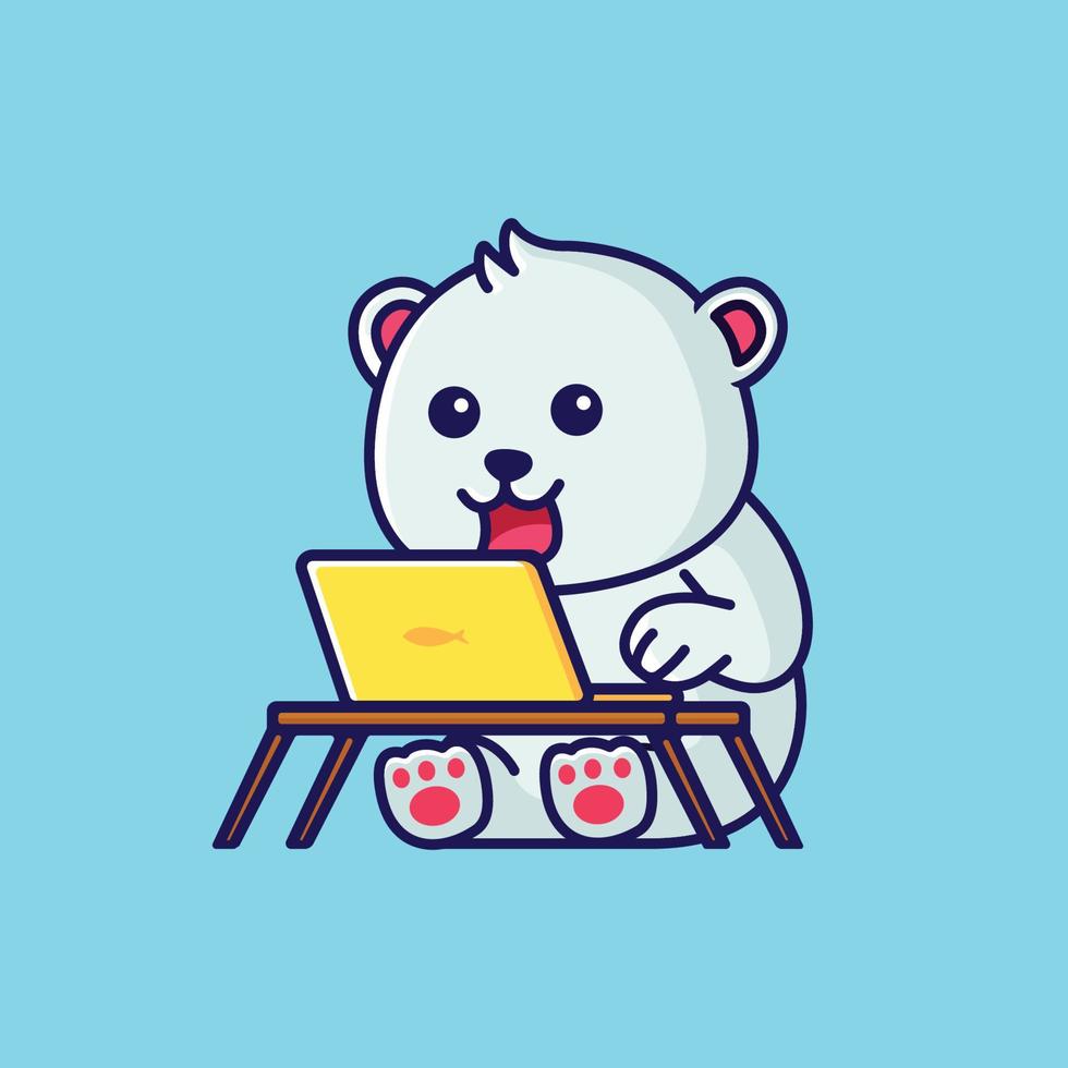 cute little polar bear working in front of a laptop cartoon illustration vector