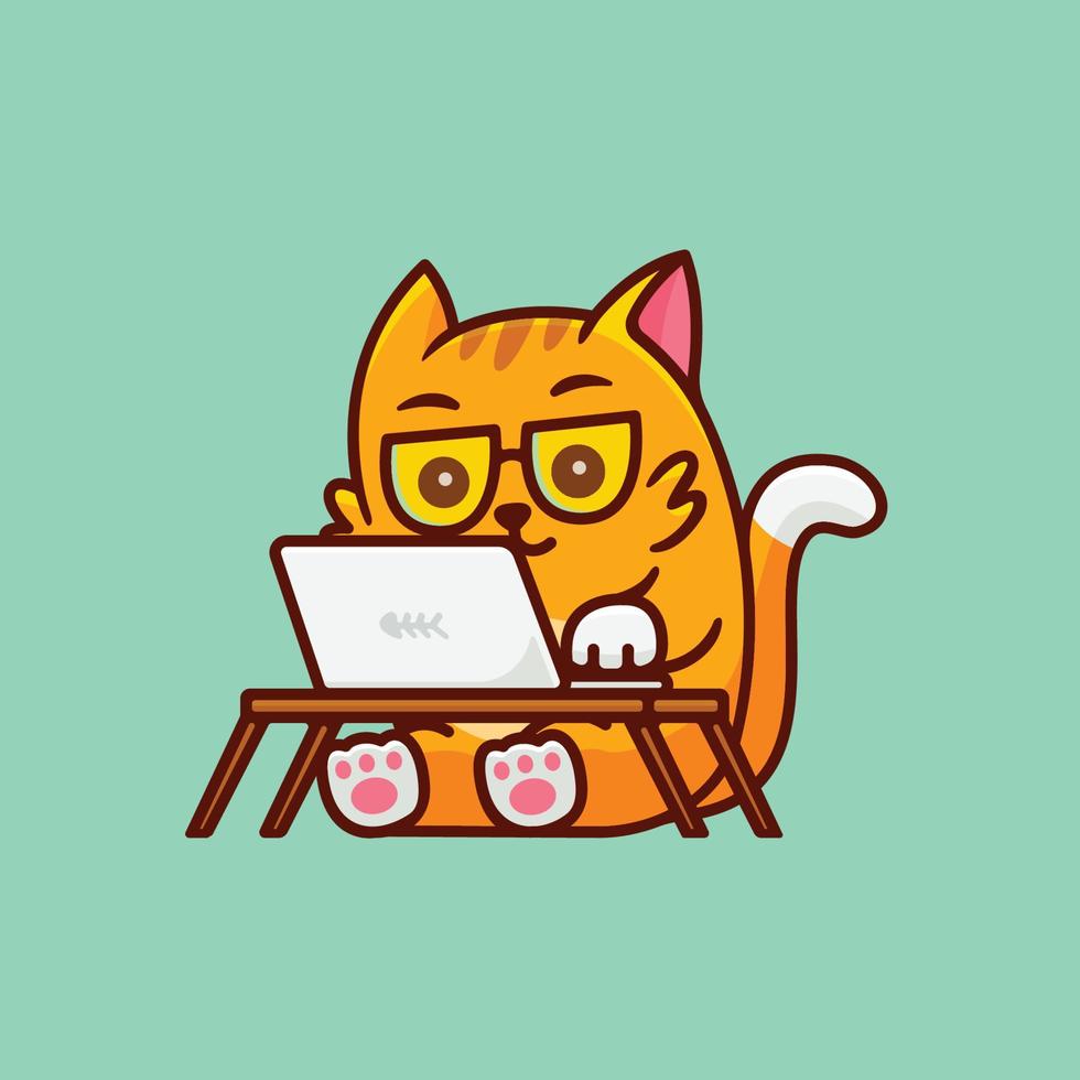 cute little cat working in front of a laptop cartoon illustration vector