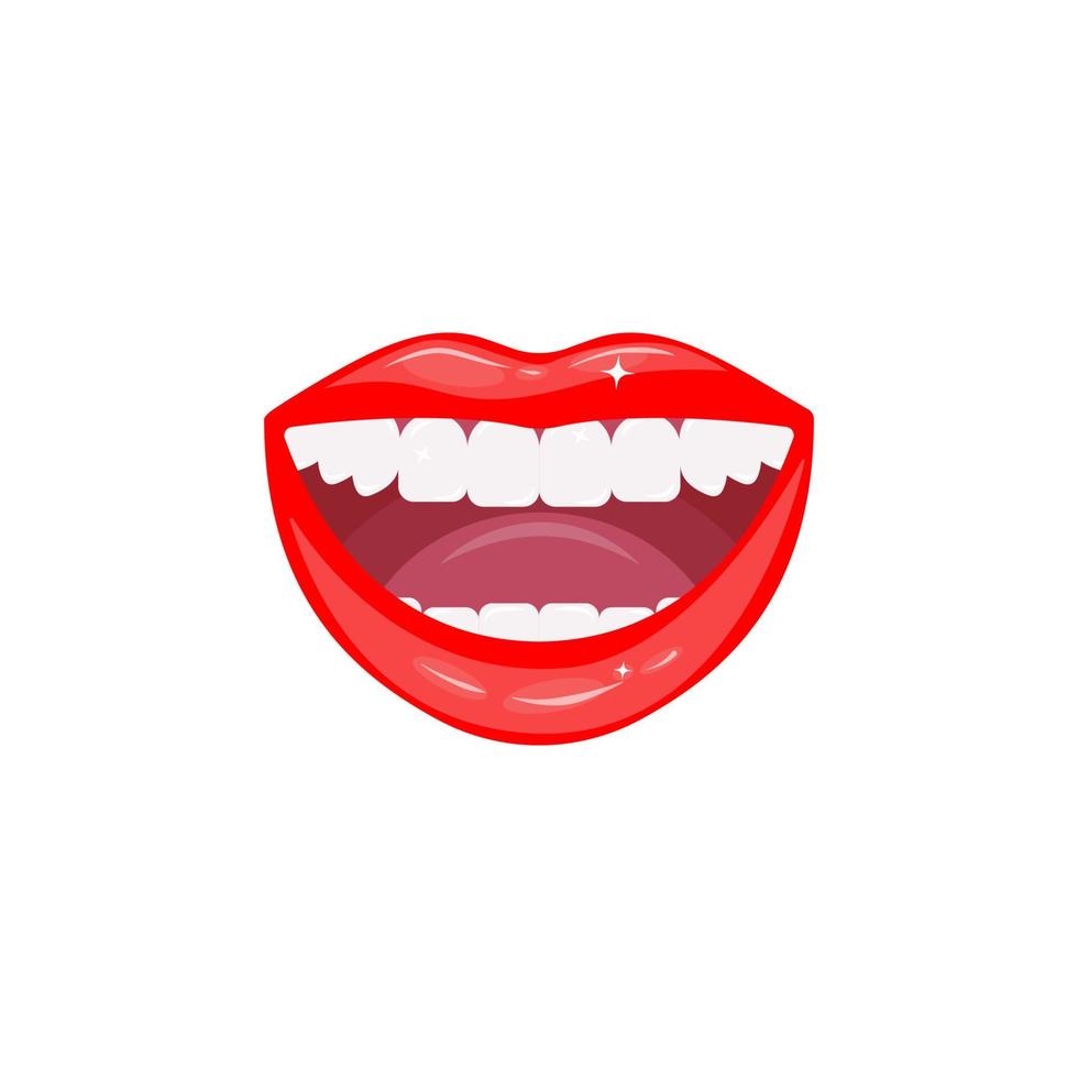 Open smiling female mouth with healthy white teeth. Close-up of red glowing sensual lips. Dental health care. Lip makeup. Vector illustration isolated on a white background.