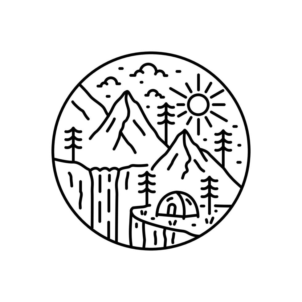 mountain wildlife camping waterfall nature in mono line art for t-shirt, badge, sticker,etc vector