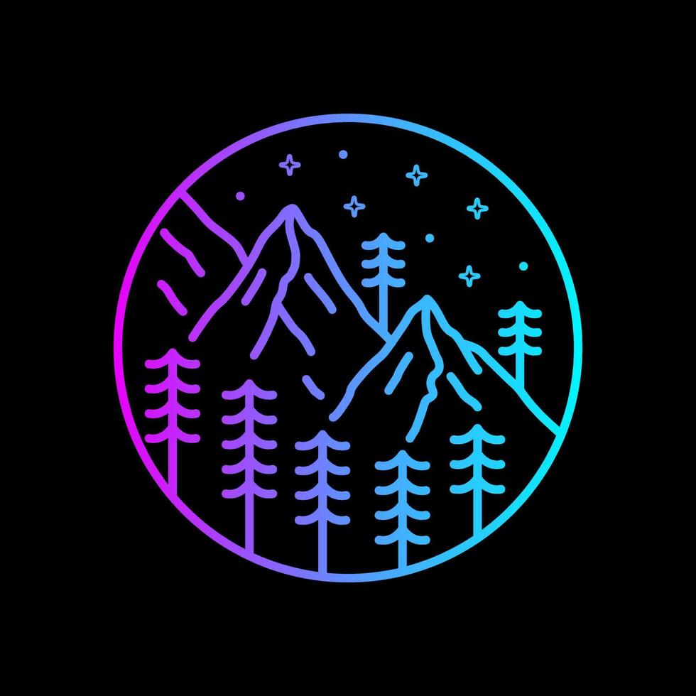 mountain wildlife nature on night in mono line art for t-shirt, badge, sticker,etc vector