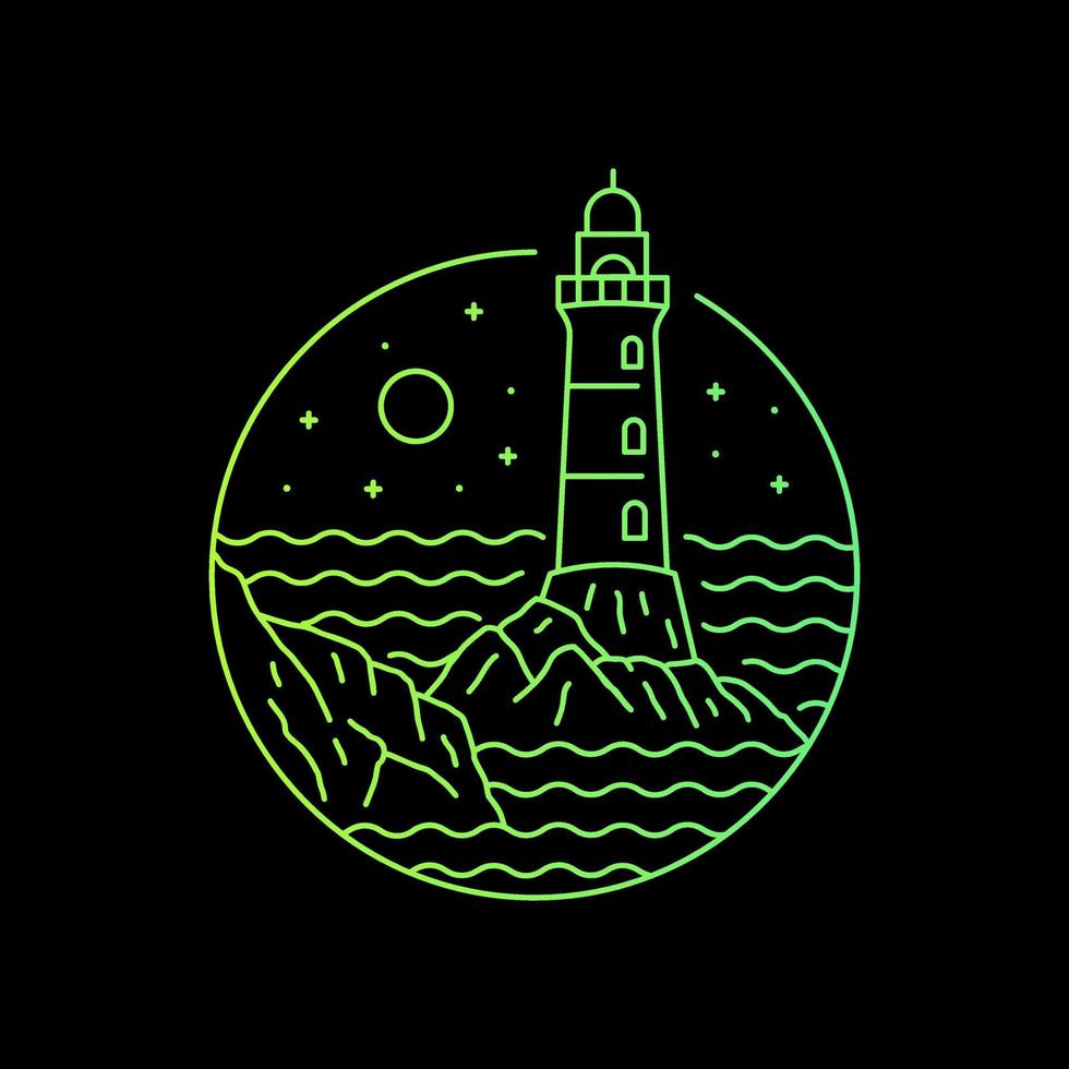 Design of the lighthouse on sunset view in mono line art for t-shirt, badge, sticker,etc vector