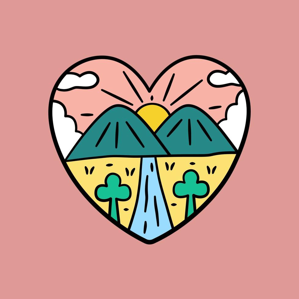 Nature mountain and river in love shape. design for t-shirt, kids stuff,sticker etc vector