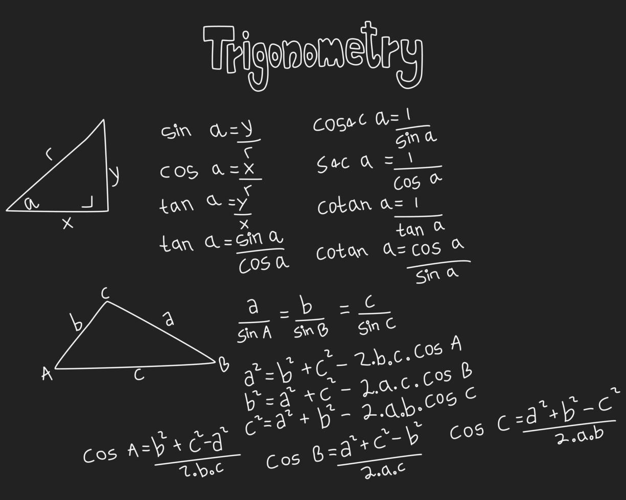 teoría de la ley de trigonometría y ecuación de fórmula matemática, icono de escritura de garabatos en el fondo de la pizarra con modelo dibujado a mano. vector