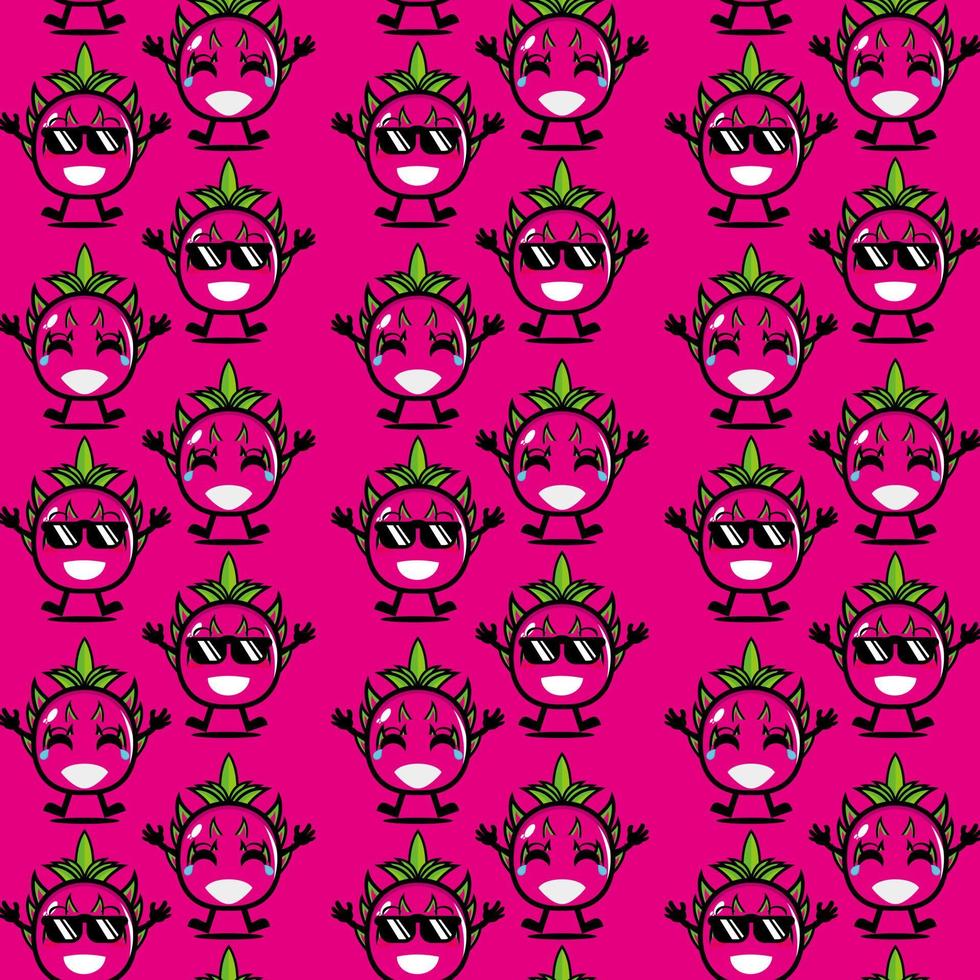 lindo personaje de dibujos animados divertidos dragon fruit sobre fondo rosa.dibujos animados vectoriales kawaii diseño de ilustración de personajes en papel tapiz vector