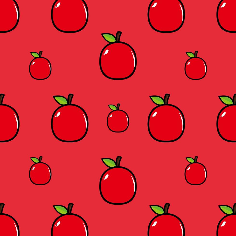 lindo personaje de dibujos animados divertido manzana sobre fondo rojo.vector de dibujos animados kawaii diseño de ilustración de personajes en papel tapiz vector