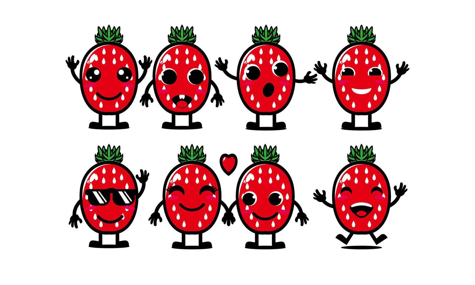 lindo sonriente divertido conjunto de fresas colección. ilustración de mascota de personaje de cara de dibujos animados plana de vector. aislado sobre fondo blanco vector