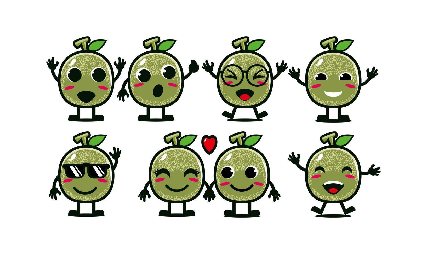 Cute smiling funny melon set collection.Vector flat cartoon face character mascot illustration .Isolated on white background vector