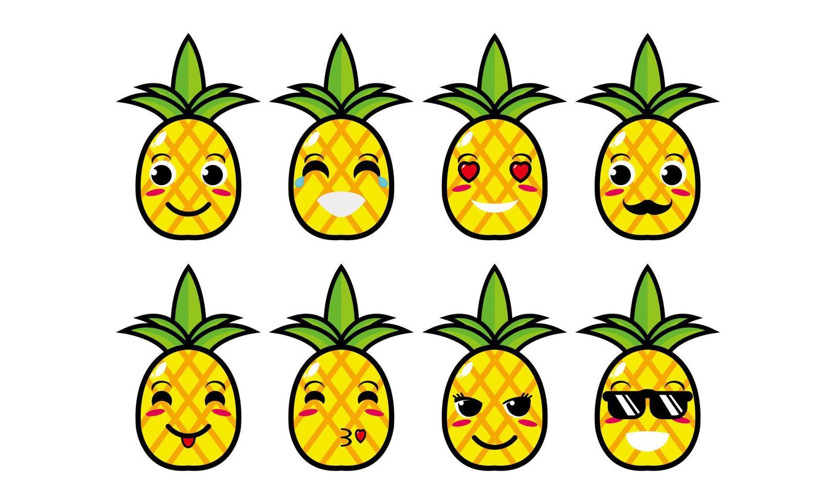 Cute smiling funny pineapple set collection.Vector flat cartoon face character mascot illustration .Isolated on white background vector