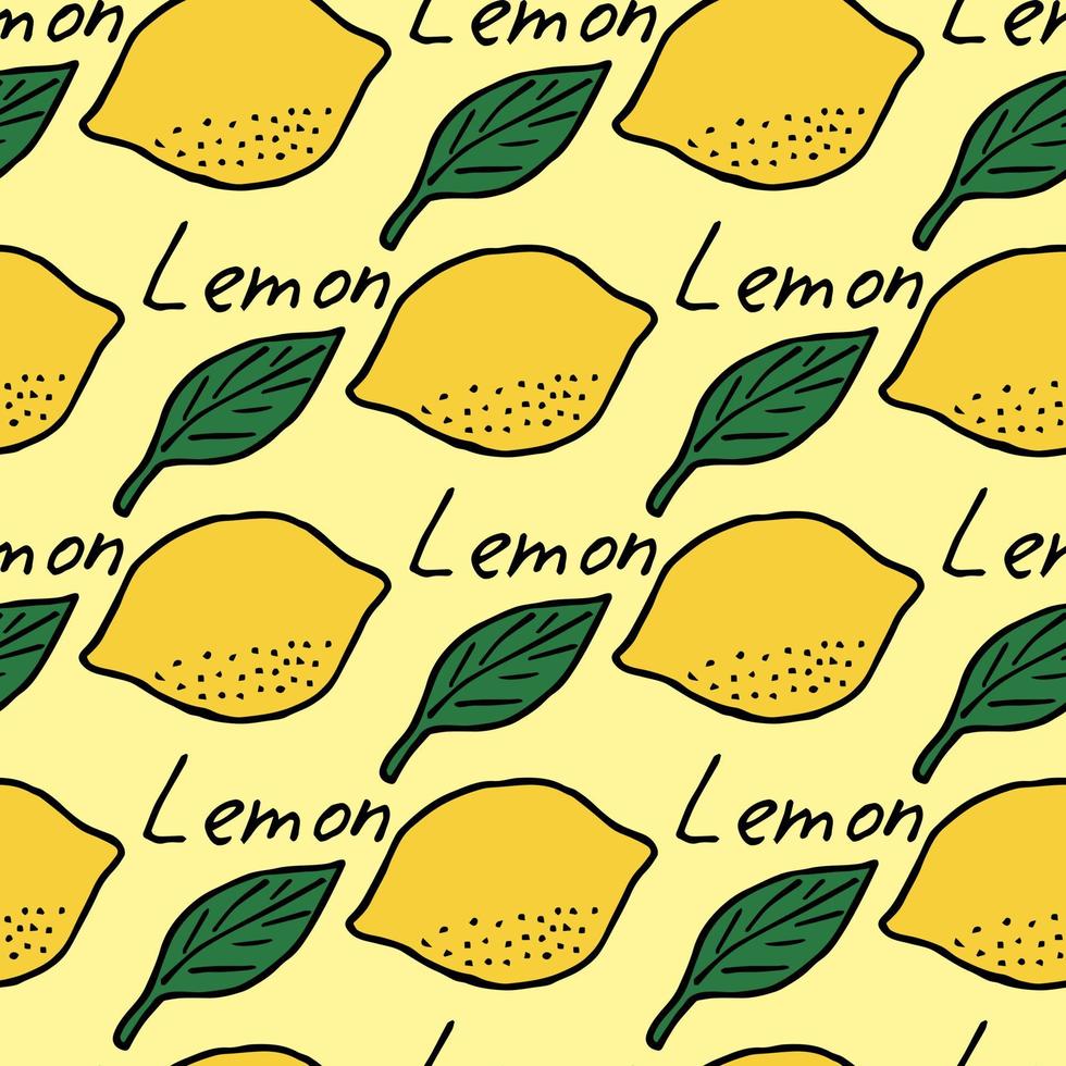 Seamless pattern with lemon and leaves on light yellow background vector