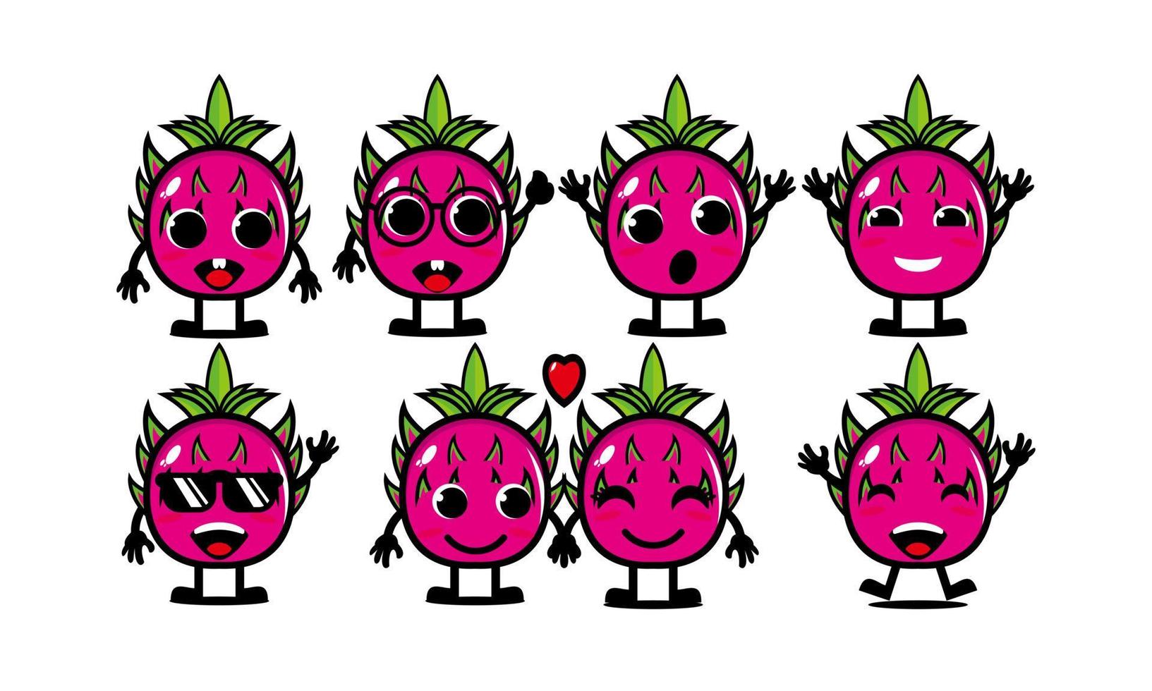 Cute smiling funny dragon fruit set collection.Vector flat cartoon face character mascot illustration .Isolated on white background vector