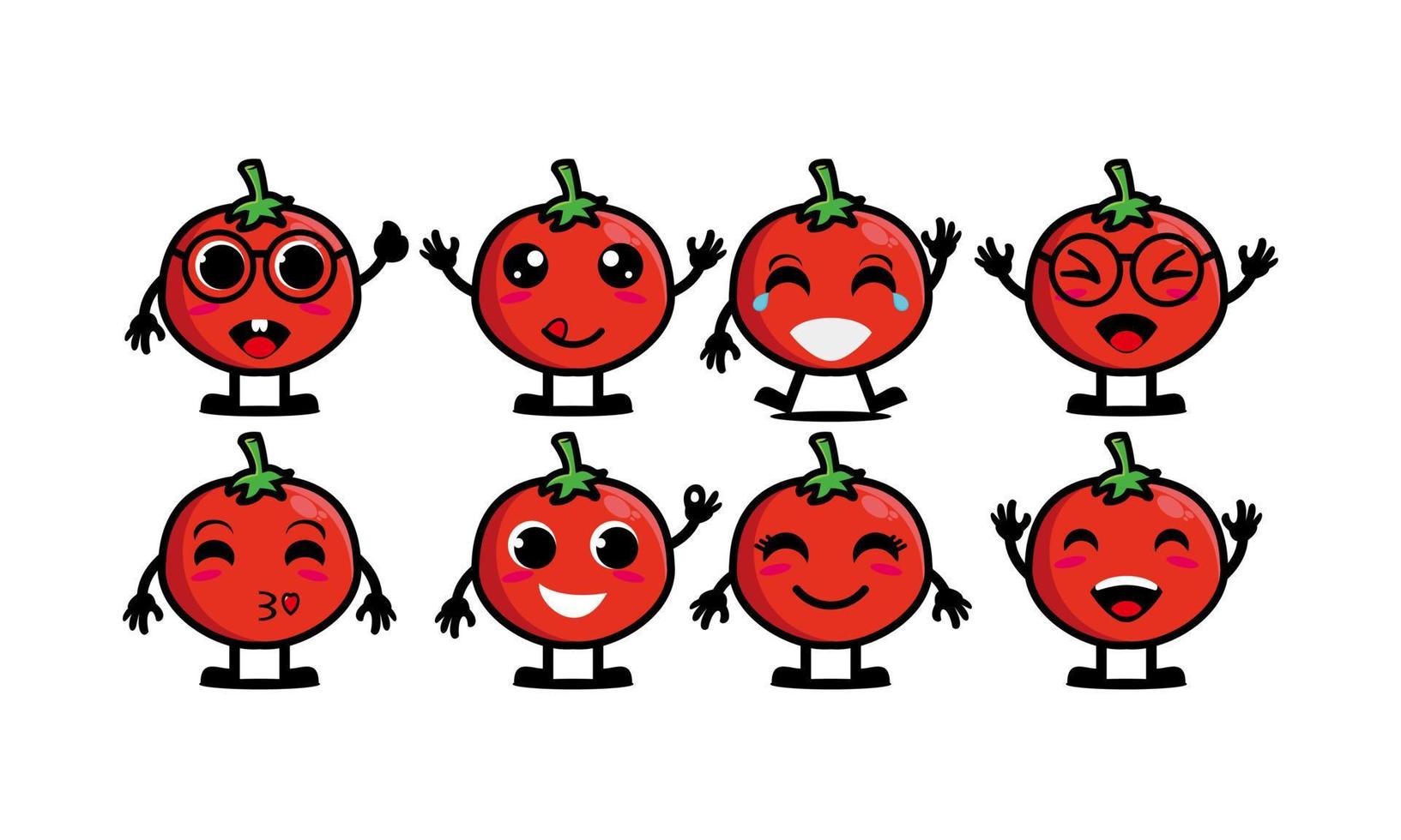 Linda colección de conjunto de tomate divertido sonriente. Ilustración de mascota de personaje de cara de caricatura plana de vector. Aislado sobre fondo blanco vector