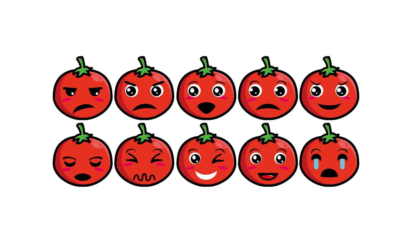 Linda colección de conjunto de tomate divertido sonriente. Ilustración de mascota de personaje de cara de caricatura plana de vector. Aislado sobre fondo blanco vector