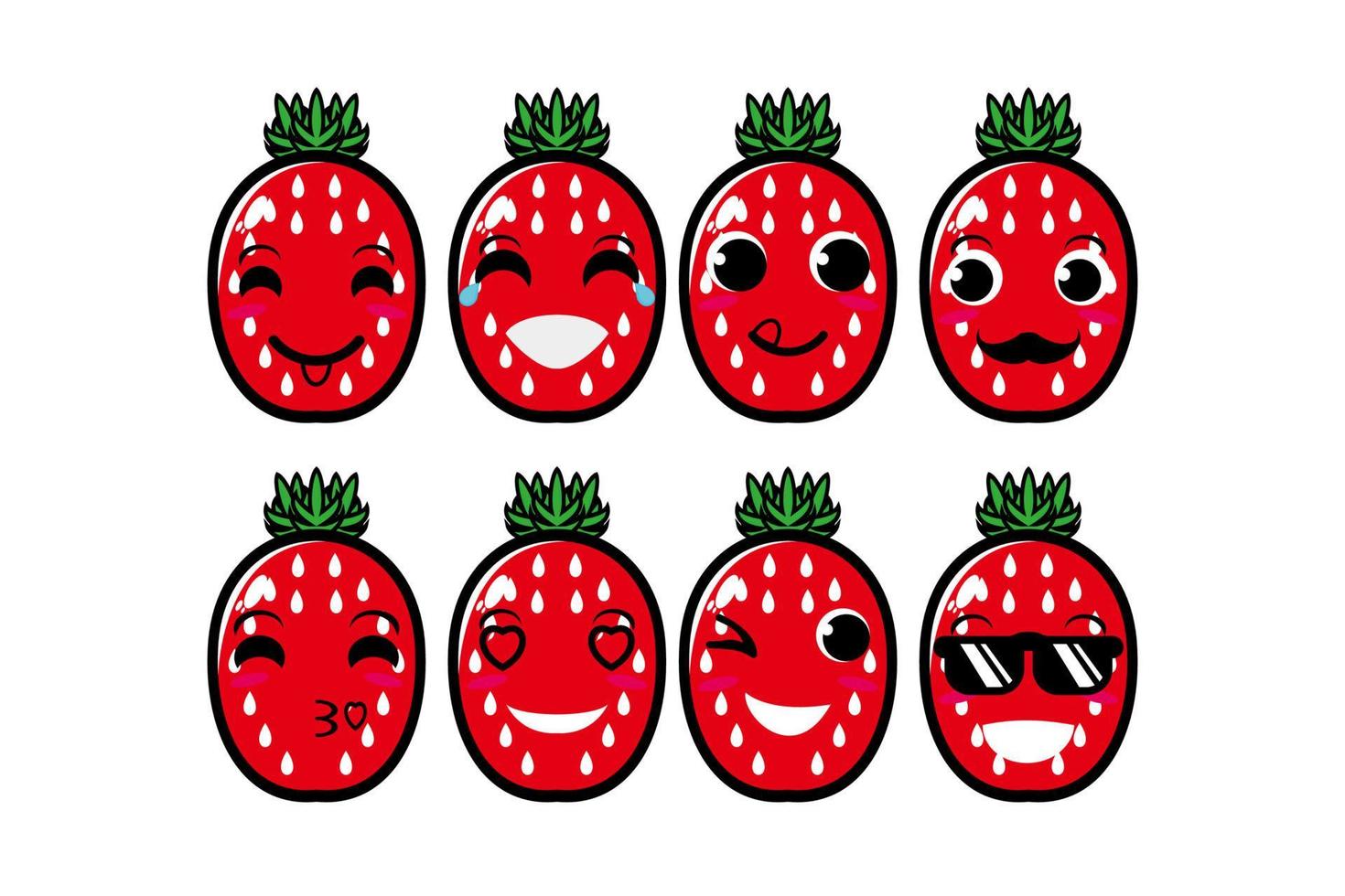 lindo sonriente divertido conjunto de fresas colección. ilustración de mascota de personaje de cara de dibujos animados plana de vector. aislado sobre fondo blanco vector