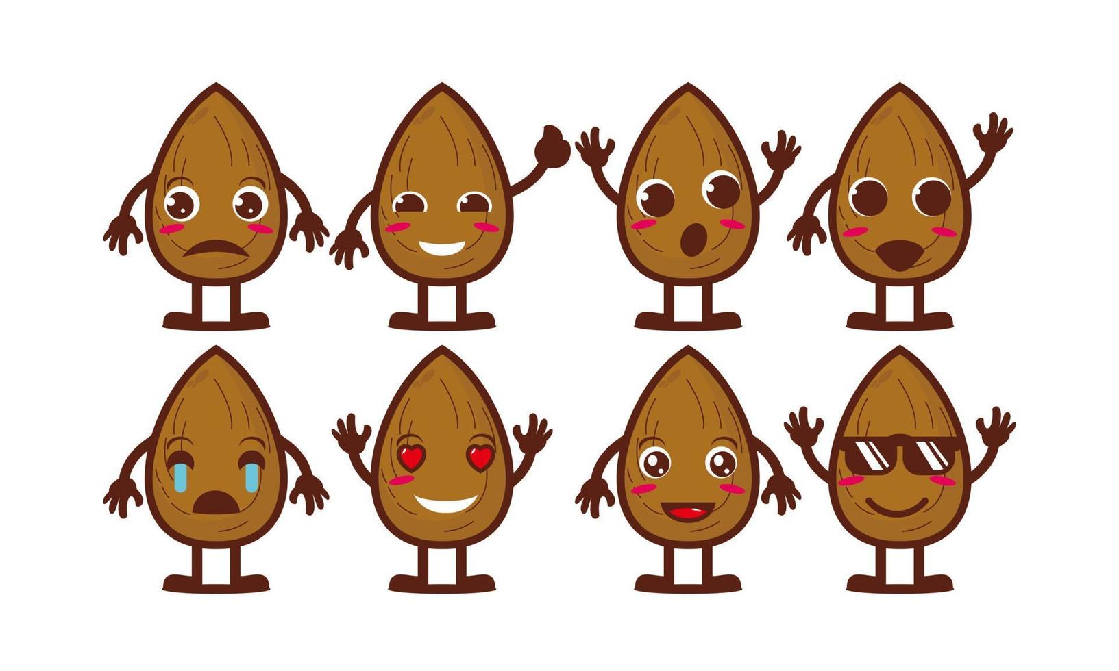 Cute smiling funny almond set collection.Vector flat cartoon face character mascot illustration .Isolated on white background vector