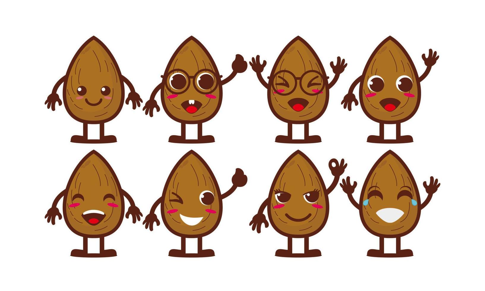 Cute smiling funny almond set collection.Vector flat cartoon face character mascot illustration .Isolated on white background vector