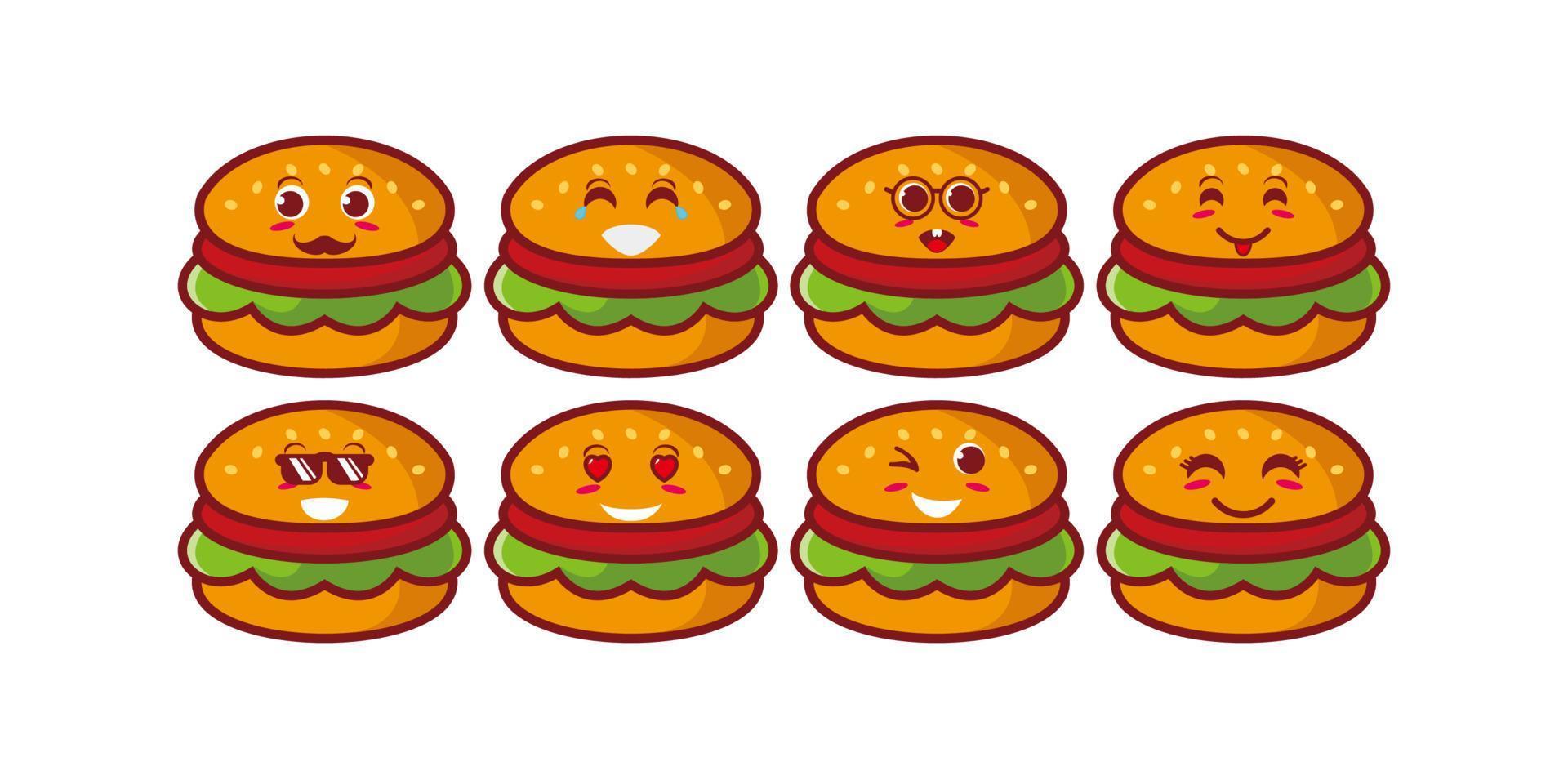 lindo, sonriente, divertido, hamburguesa, conjunto, collection.vector, plano, caricatura, cara, carácter, mascota, ilustración, ., aislado, blanco, plano de fondo vector