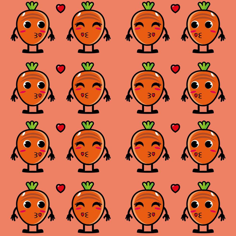 lindo personaje de dibujos animados divertido zanahoria sobre fondo naranja.vector de dibujos animados kawaii diseño de ilustración de personajes en papel tapiz vector