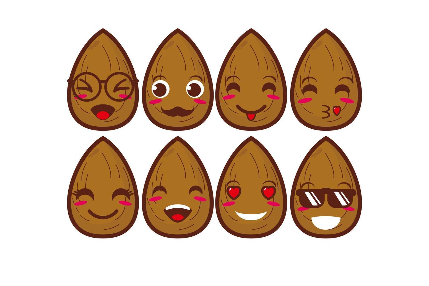 Cute smiling funny almond set collection.Vector flat cartoon face character mascot illustration .Isolated on white background vector