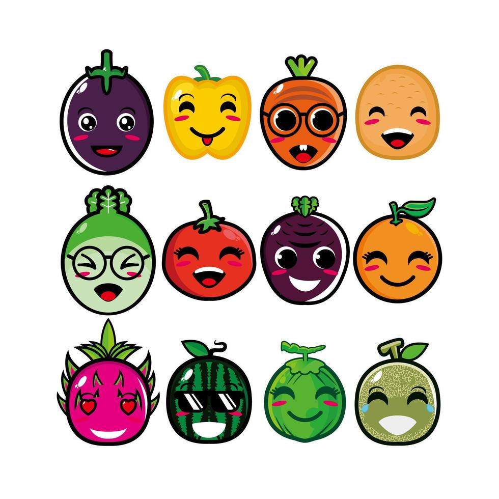 feliz lindo sonriente conjunto de cara de frutas y verduras. colección de ilustraciones de personajes de dibujos animados kawaii planos vectoriales. concepto de conjunto de emoji de colección de frutas de carácter lindo vector