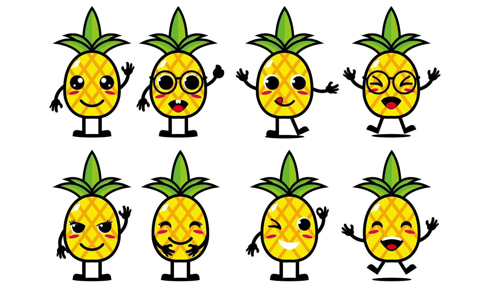 Cute smiling funny pineapple set collection.Vector flat cartoon face character mascot illustration .Isolated on white background vector