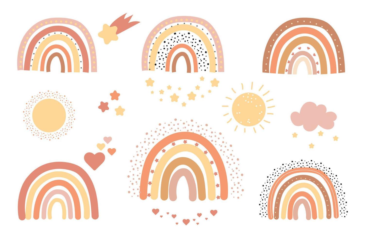 Hand Drawn Boho Rainbows. Cute Set in Pastel and Earthy Colors. Vector Isolated Elements. Scandinavian Style. Neutral Nursery Art Design for Room Decoration, Printing on Textiles or Wall Decal.