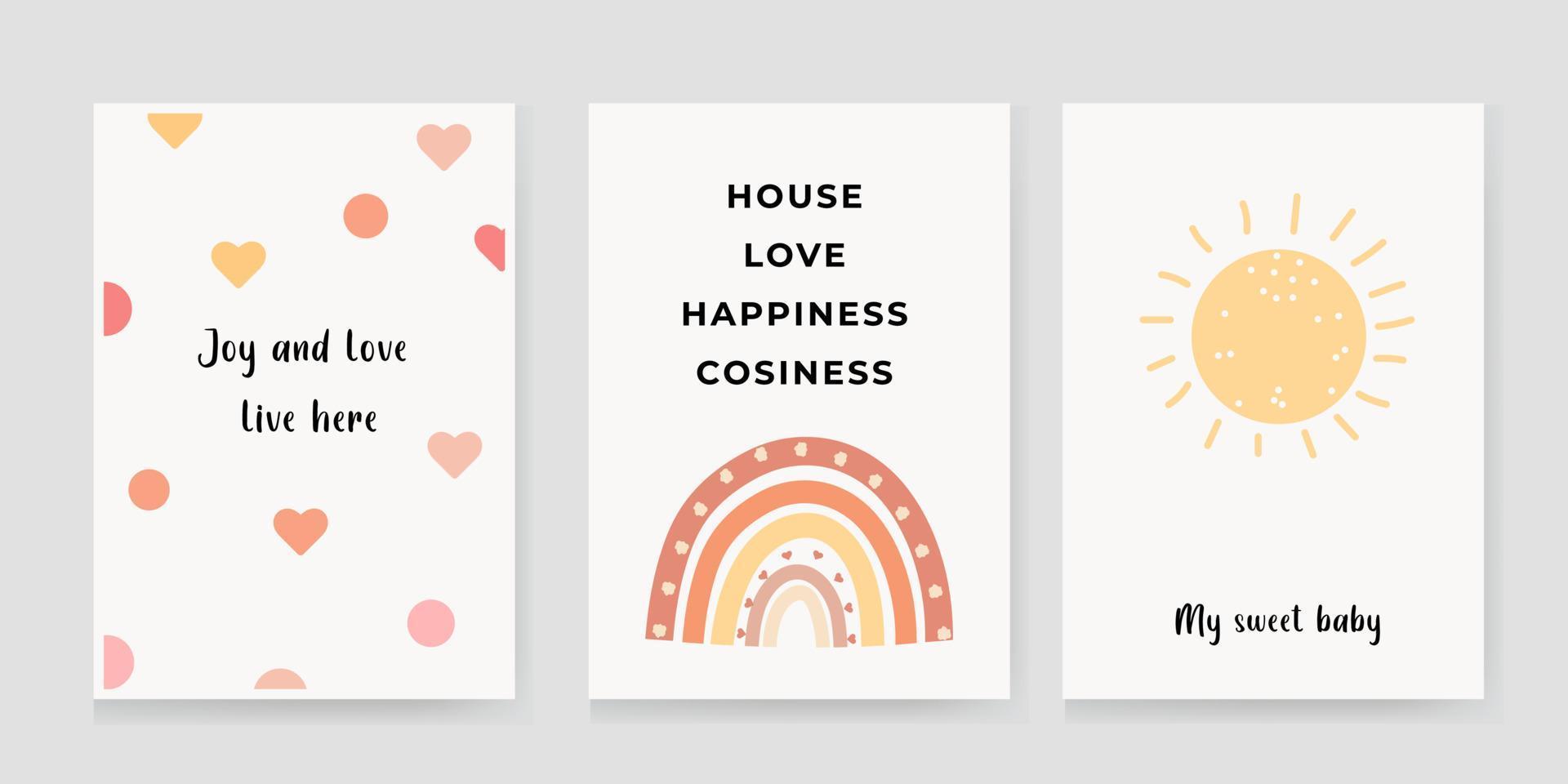 Cute posters with a rainbow and a sun, vector prints for the nursery, baby shower, greeting cards, children's and children's T-shirts and clothes