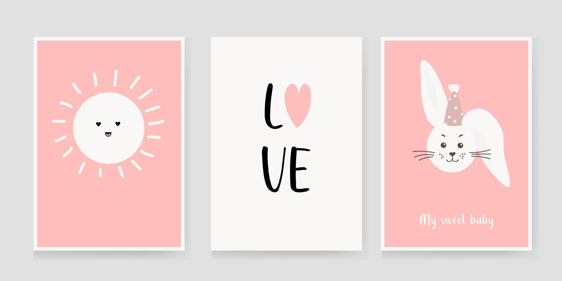 lindos carteles con un conejo, texto de amor, sol, huellas vectoriales para la guardería, baby shower, tarjetas de felicitación, camisetas y ropa para niños y niños vector