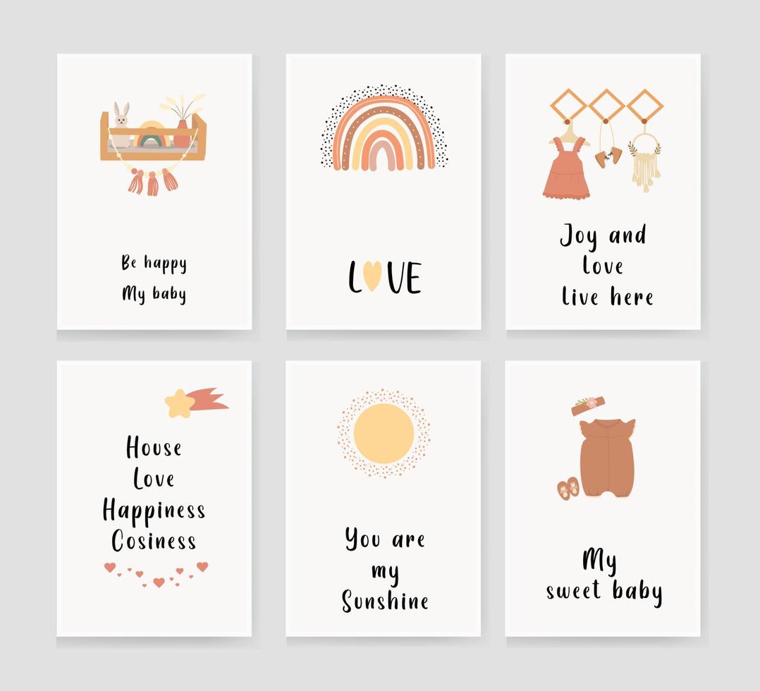 Cute children's posters in boho style, with a rainbow, the sun, a shelf with toys, and children's clothes, vector prints for the nursery, baby shower, greeting cards