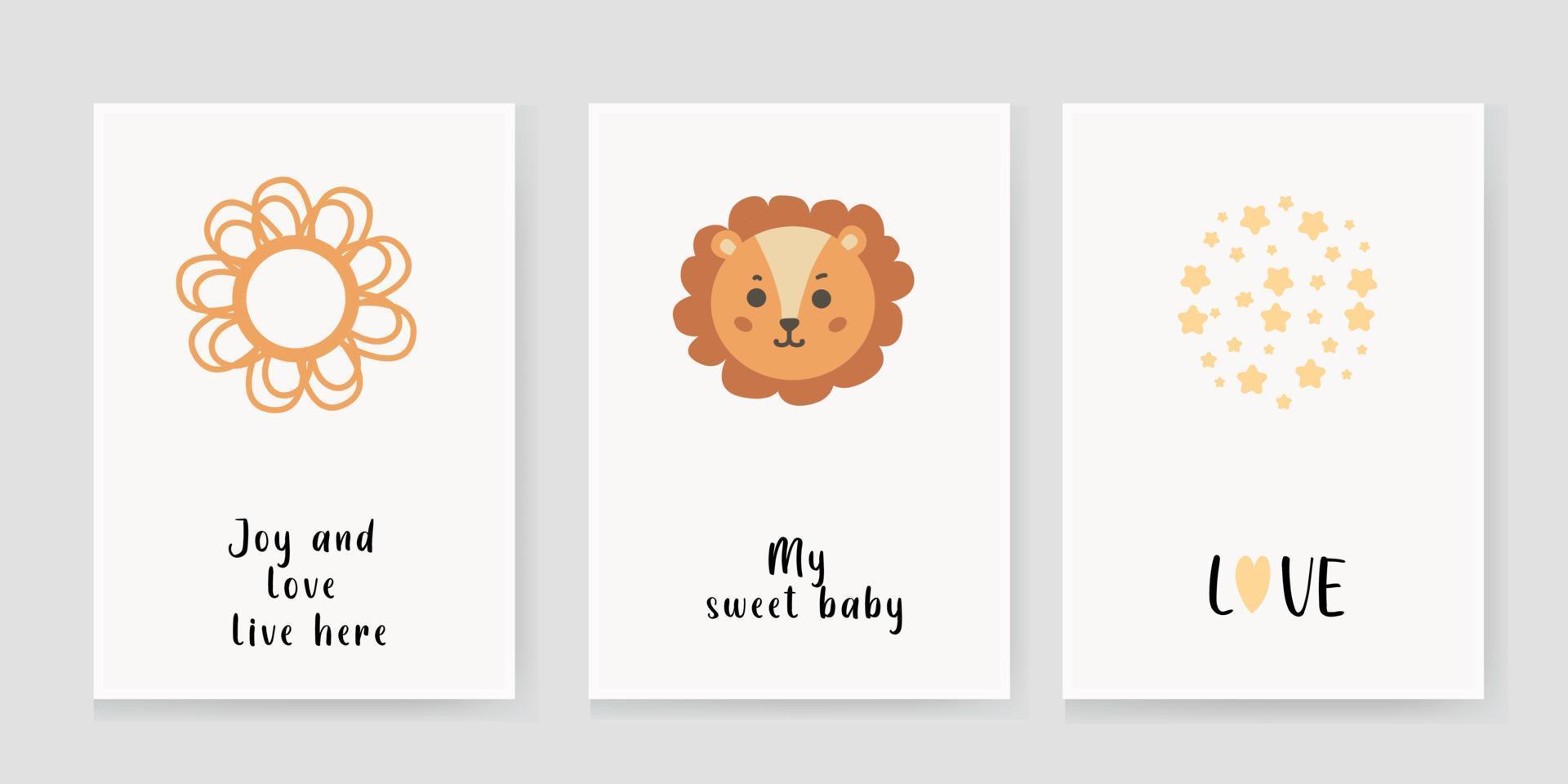 lindos afiches infantiles en estilo boho, con un tigre y decoración casera redonda, estampados vectoriales para la guardería, baby shower, tarjetas de felicitación, camisetas y ropa para niños y niños. vector