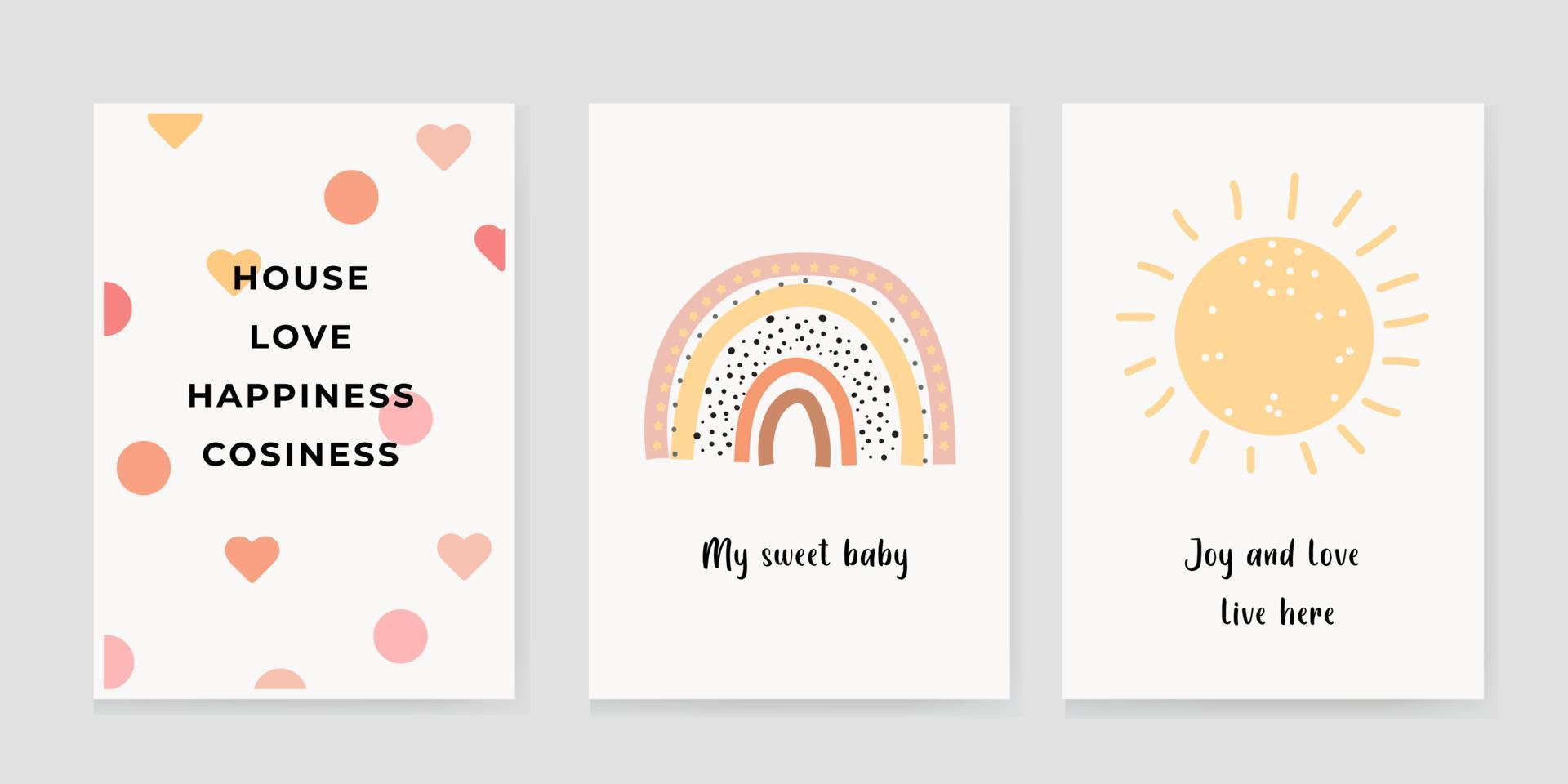 Cute posters with a rainbow and a sun, vector prints for the nursery, baby shower, greeting cards, children's and children's T-shirts and clothes