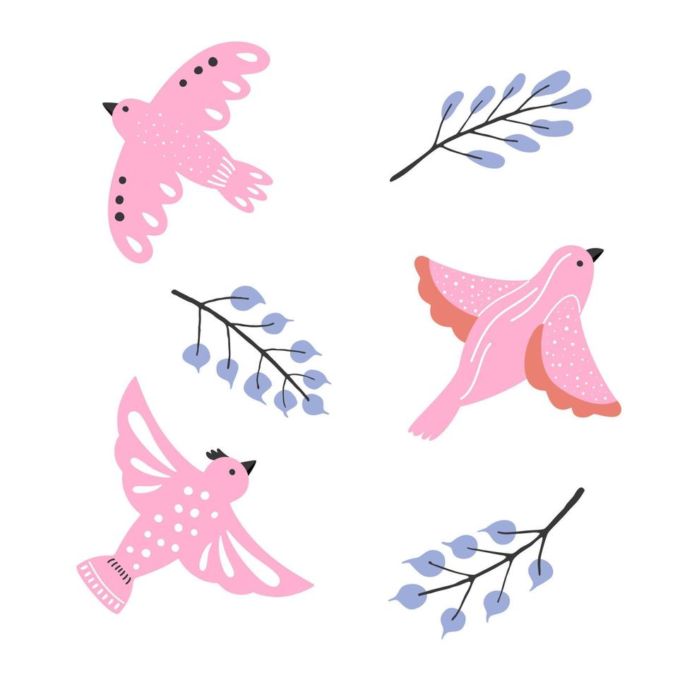 Collection of pink pigeons in different poses. Vector bird symbol of peace and freedom.