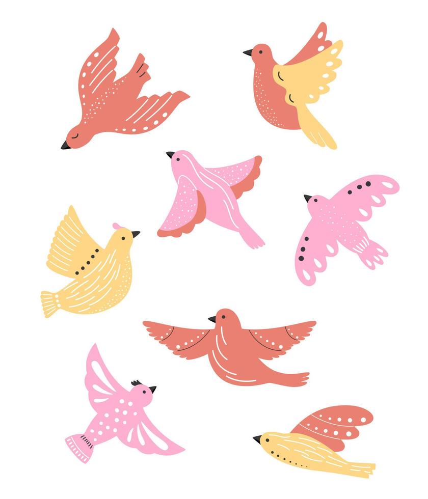 conjunto de aves vectoriales de colores brillantes. ilustración de palomas en diferentes poses planas. símbolo de paz y libertad vector