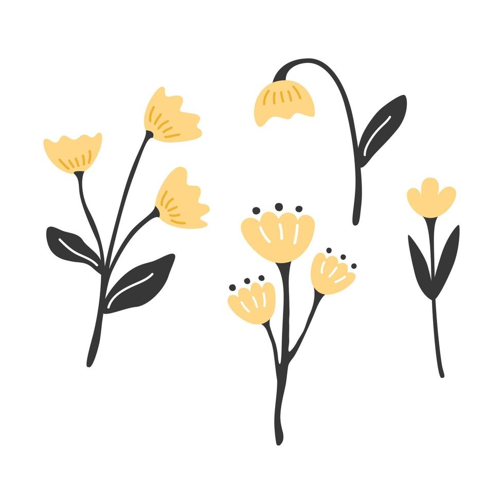 Collection of yellow vector flowers in vintage style. Elegant modern print on clothes
