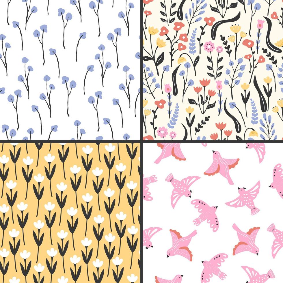 Seamless spring pattern with vintage style flowers. Collection of floral bright prints vector