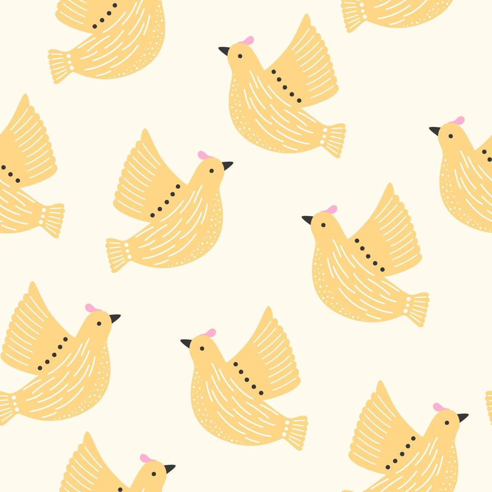 Seamless pattern with yellow birds of peace in flight. Animal print on baby clothes or wallpaper in bohemian and retro style. vector