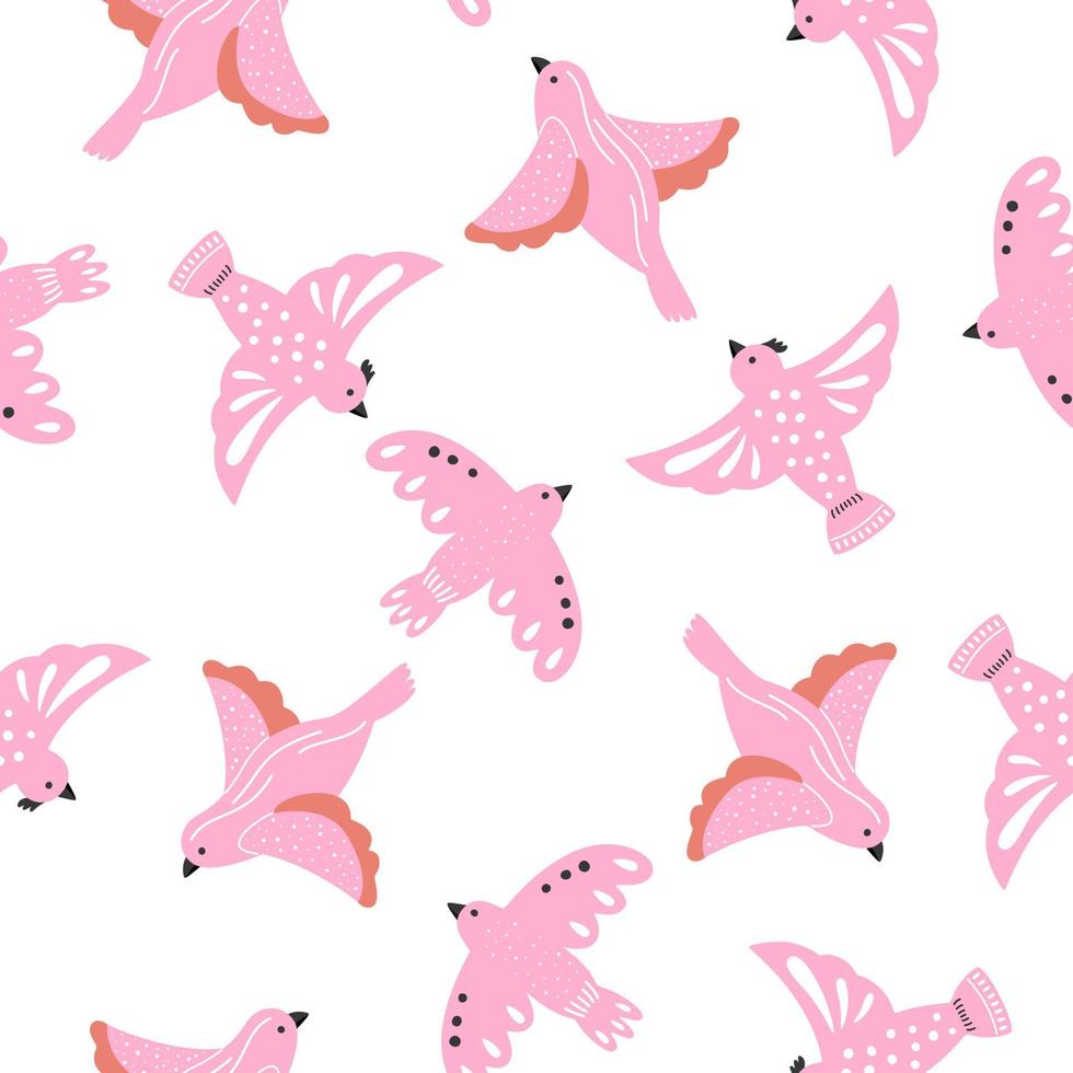 Big pink flying dove on a white background seamless pattern. Summer spring time of bright bird vector