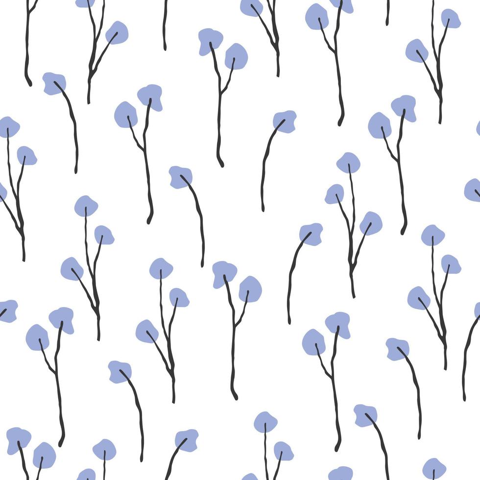 Seamless pattern with violet spring branches on a white background. Floral print on children's clothes or wallpaper in the style of bohemians and retro. vector